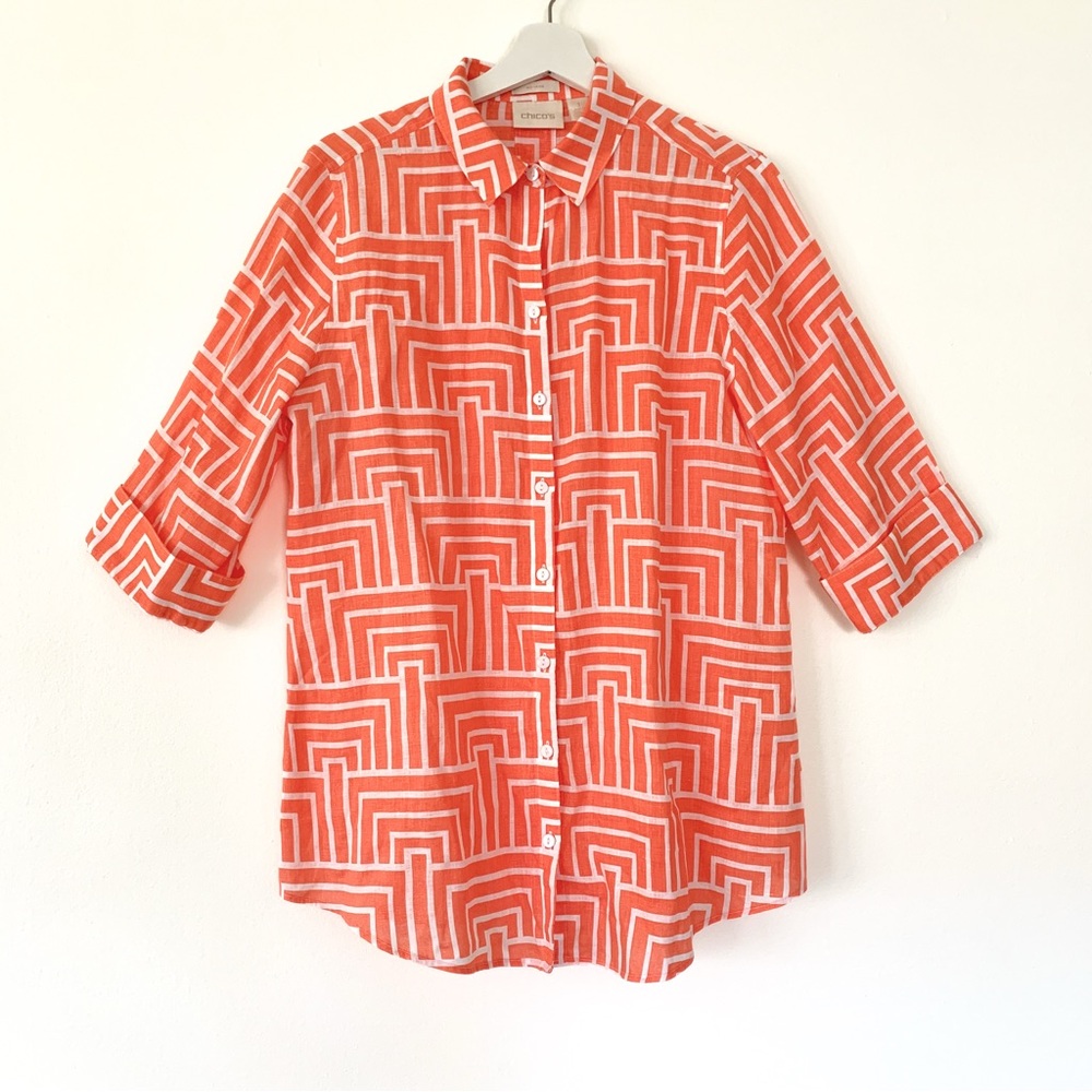 Chicos linen coral orange and white geometric design 3/4 sleeve tunic - Picture 2 of 16